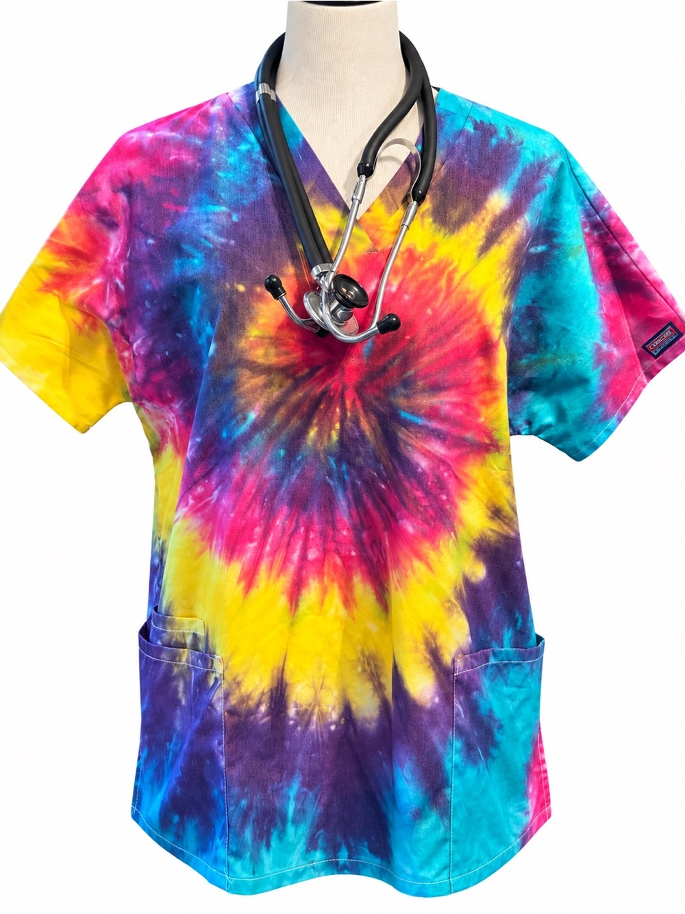 Medium Size Cherokee Multicolor Tie-Dye V-Neck Kids Scrub Top-Unisex